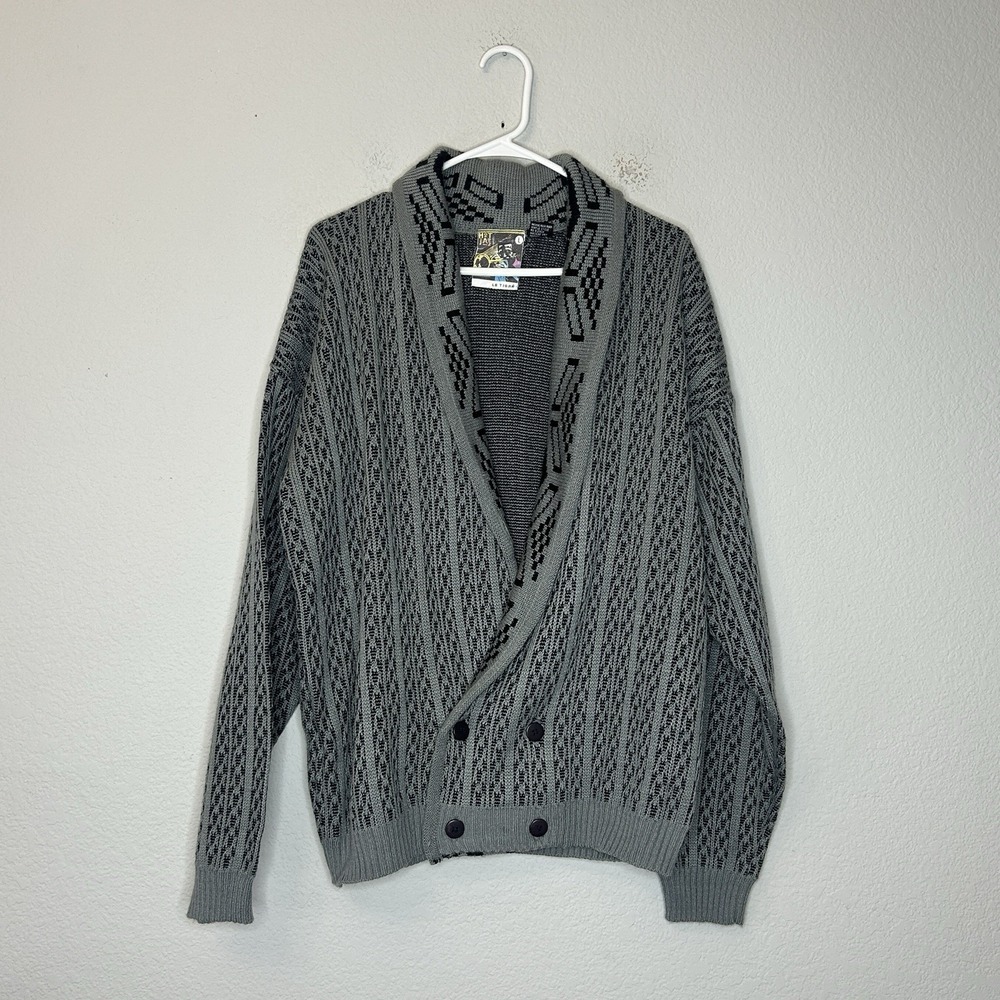VTG 80s Le Tigre Hot Jazz Cardigan Sweater Mens L Gray Black Geometric Double B